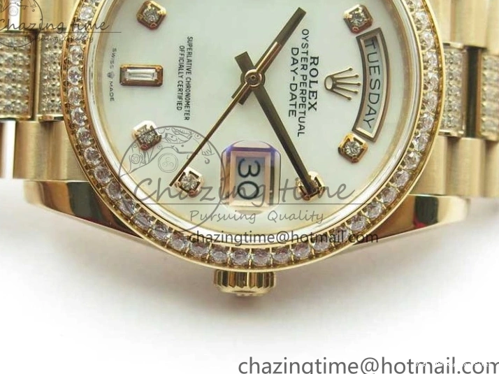 AAA Replica Watches on President A 2689 BP White ComfortFit Crystal Crystal Marker MOP RG Best Edition 128235 Dial Day-Date Bracelet RG 36mm 1218